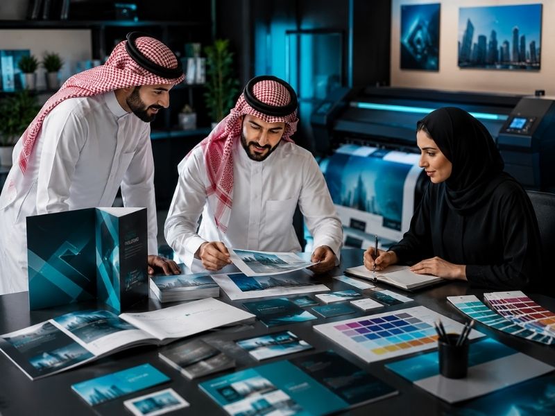 فريق عنوان الطباعة أثناء مراجعة أعمال الطباعة